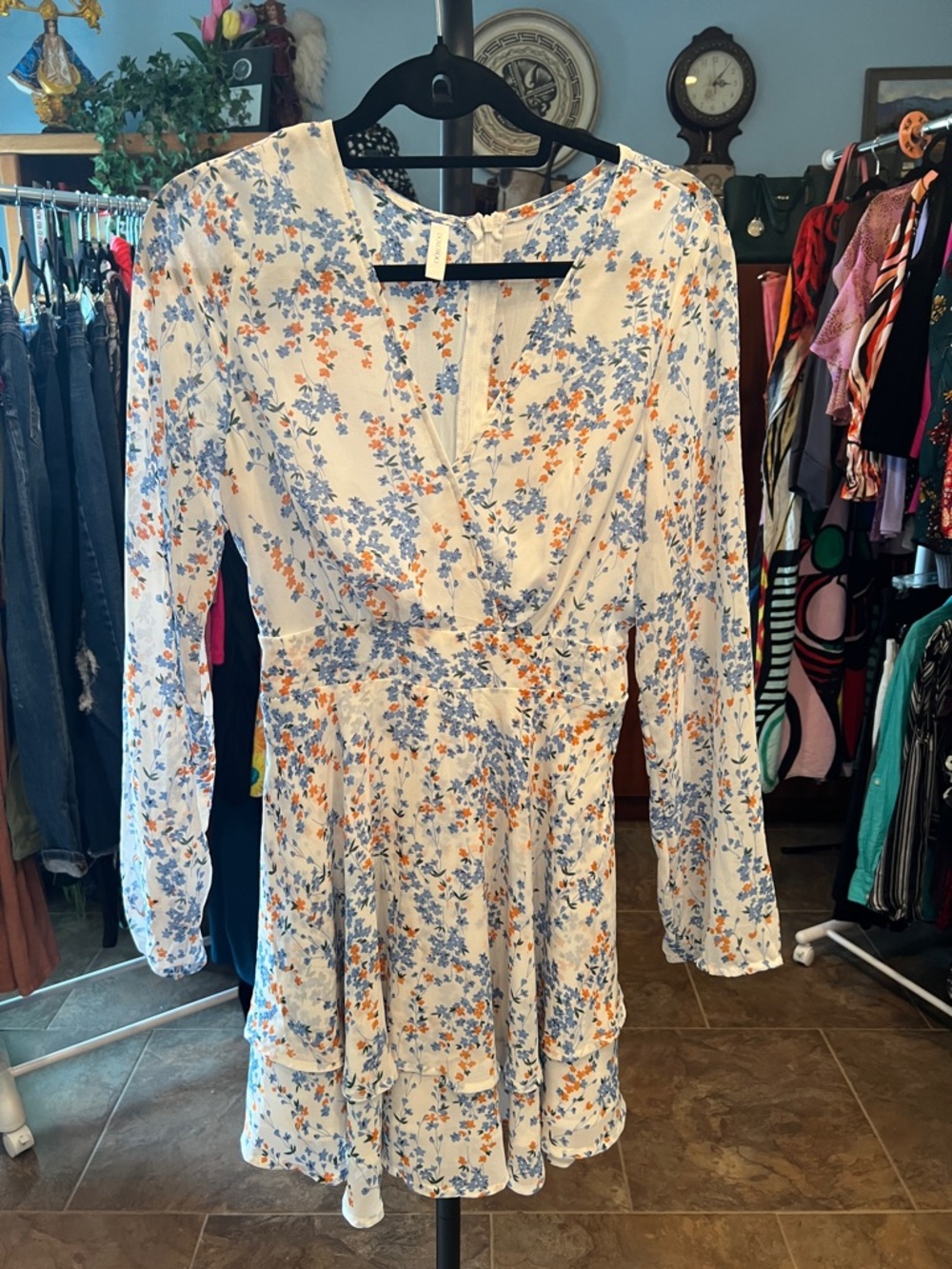 Long Sleeve Floral Wrap Dress in White with Blue & Orange Blossoms